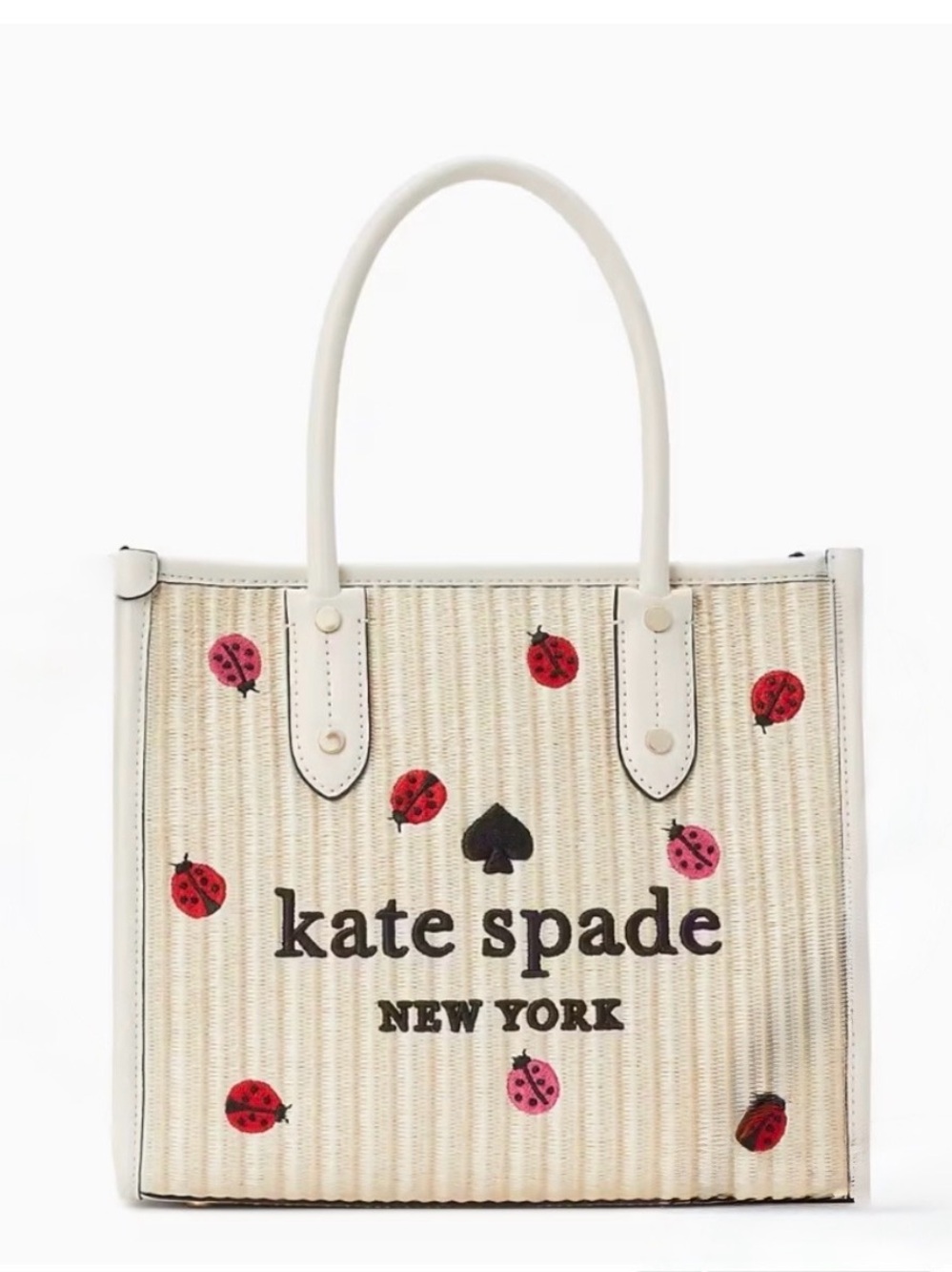 Kate Spade Ella Small Ladybug Tote Embroidered Pink & Red Ladybugs